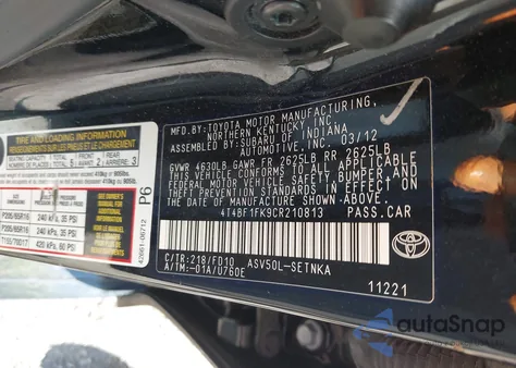 2012 Toyota Camry Le из США, поврежденный, VIN 4T4BF1FK9CR210813